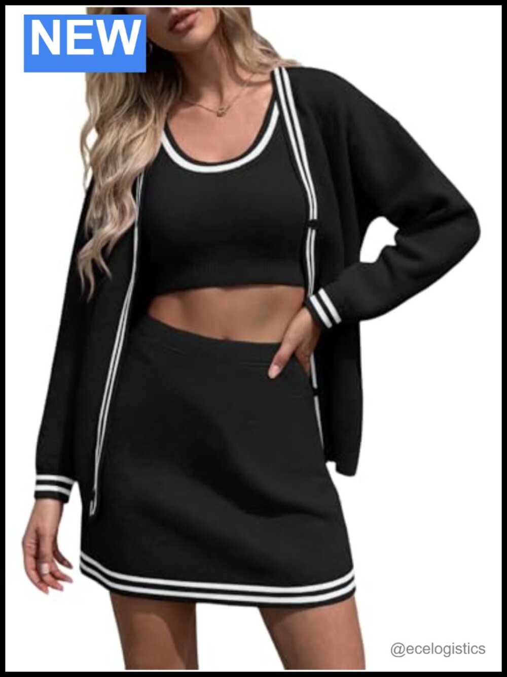 Women's 3 Piece Knit Set Button Cardigan Sleeveless Crop Top A-Line Skirt Lounge